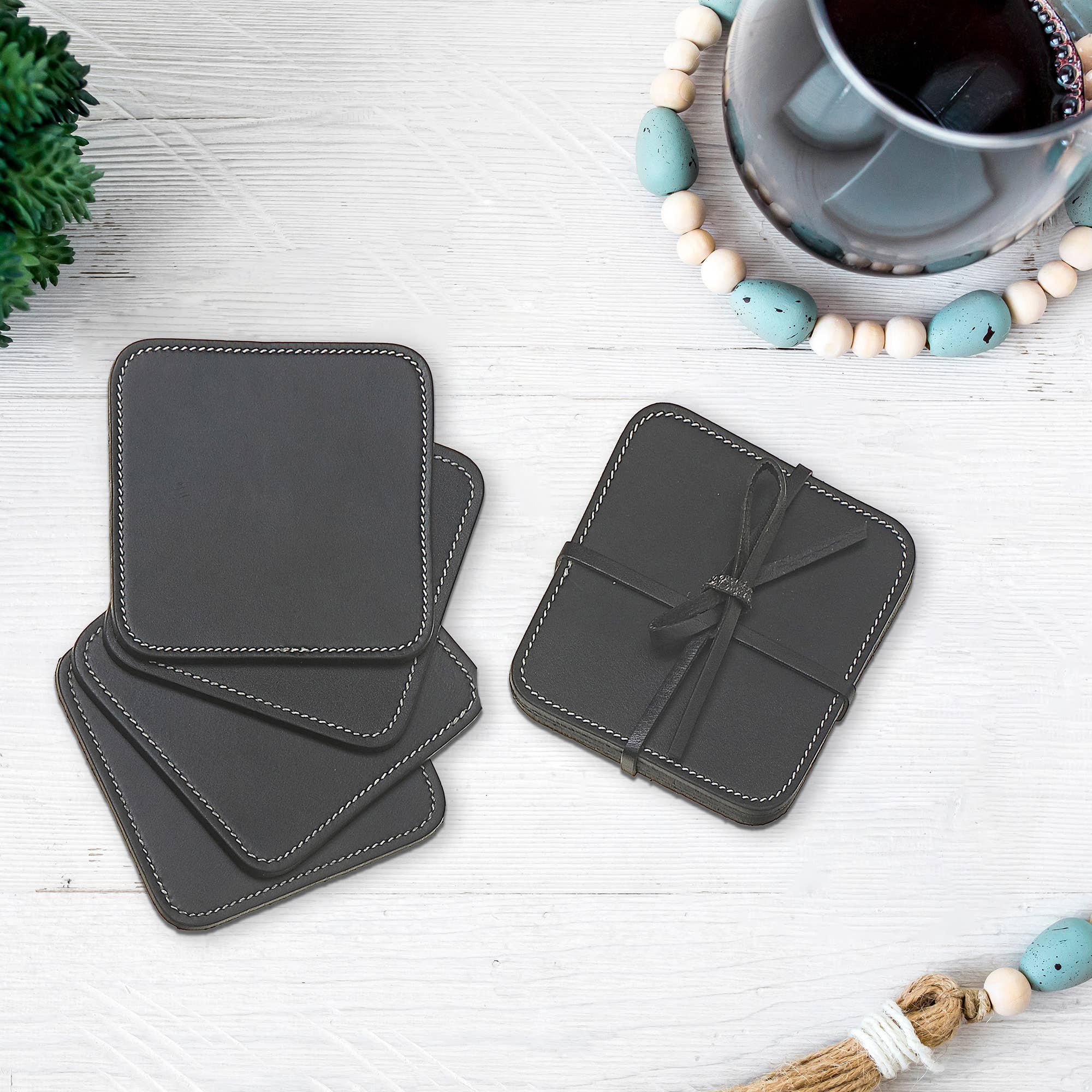 4Pc Square Genuine Leather Coasters Black