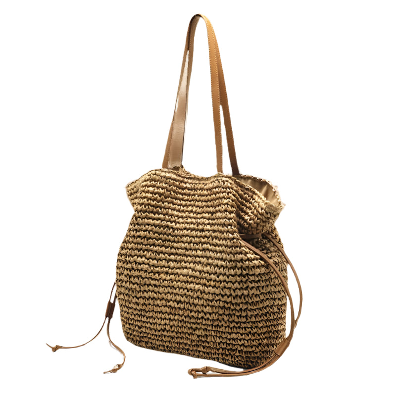 Sac à bandoulière en paille de grande capacité avec cordon de serrage