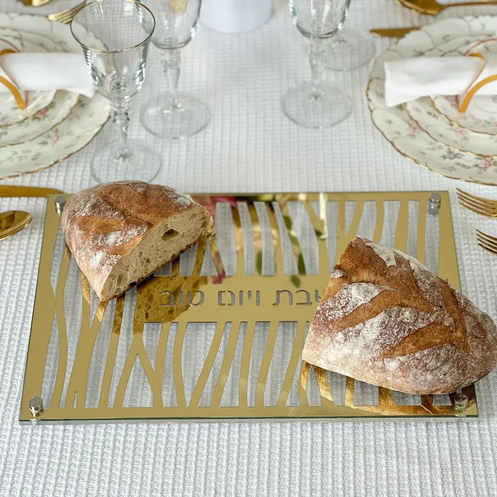 Glass and Mirror Zebra Style Laser Cut Challah Board - gold