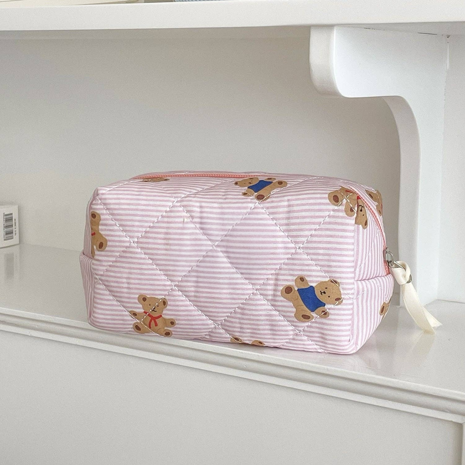 Bear Print Striped Make Up Bag: Pink Small