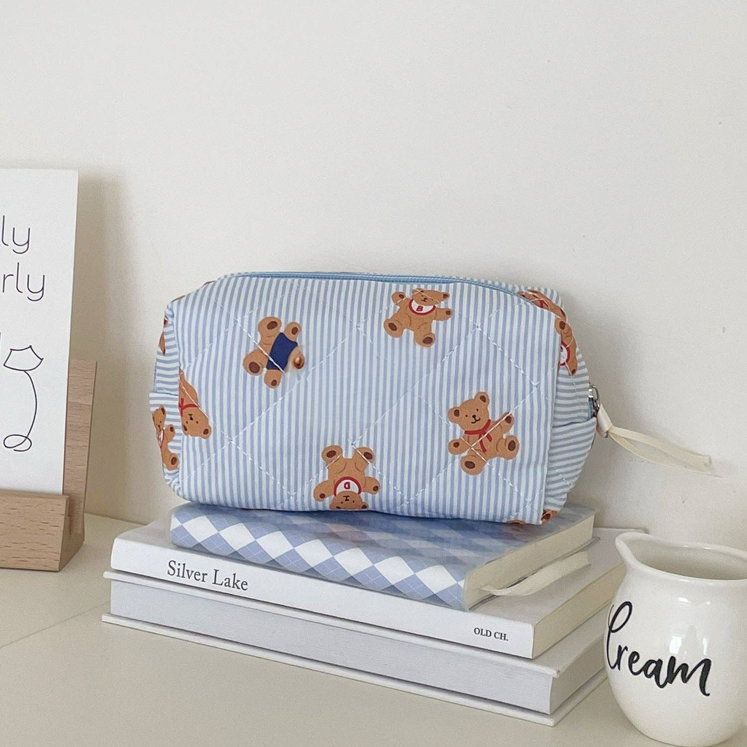 Bear Print Striped Make Up Bag: Blue Small