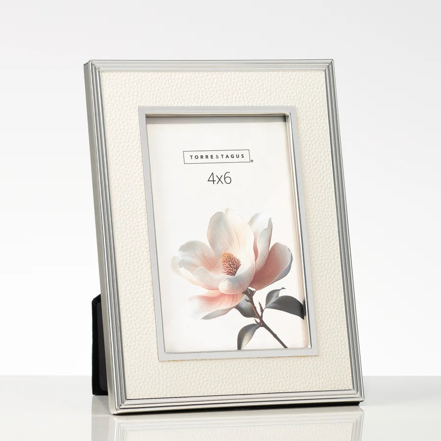 silver trim cream faux leather frame - 4x6