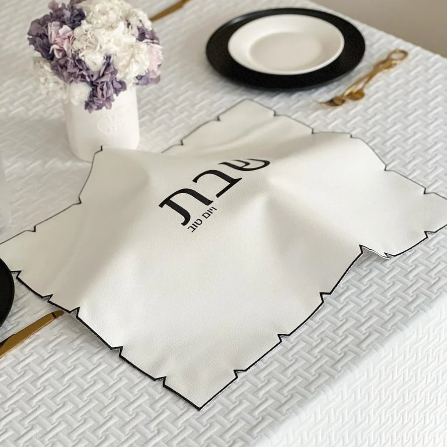 White Embroidered Leatherette Challah Cover - black
