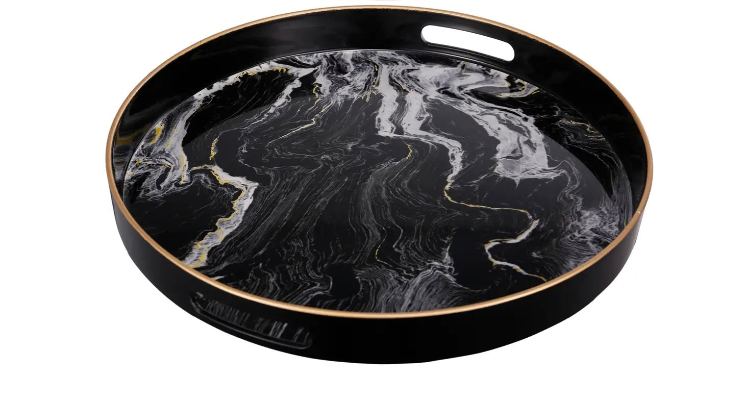 Circular marble design decorative Tray - Black