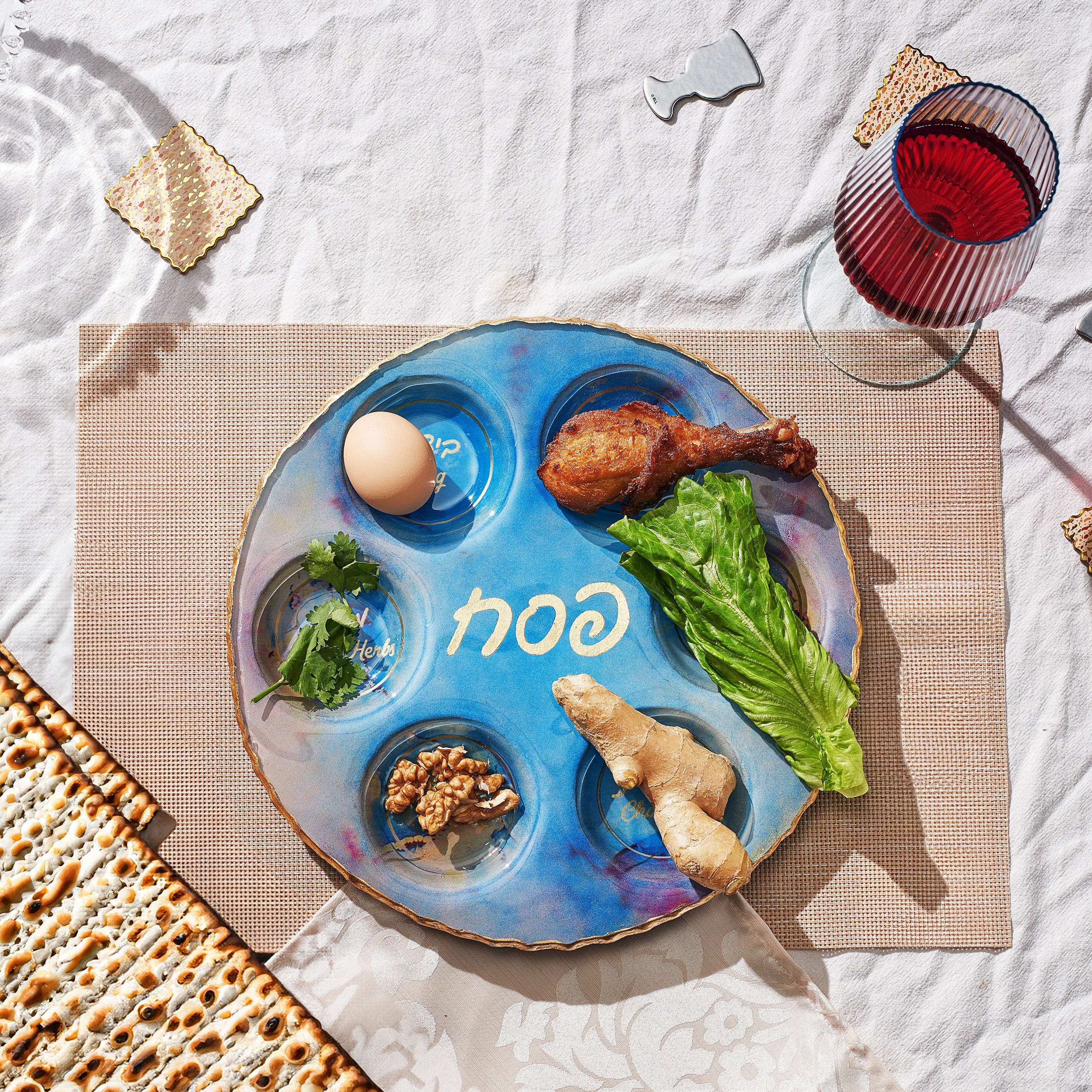 Blue Marble Design Glass Round Seder Plate