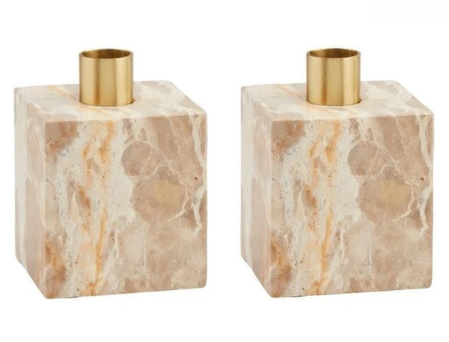 Tan Marble Taper Holder set of 2