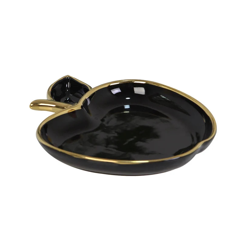 Plat en porcelaine en forme de pomme avec bordure dorée - blanc