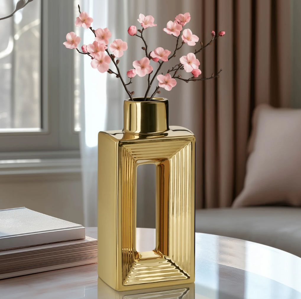 Shiny Gold 10h" Slim Ceramic Bottle Vase
