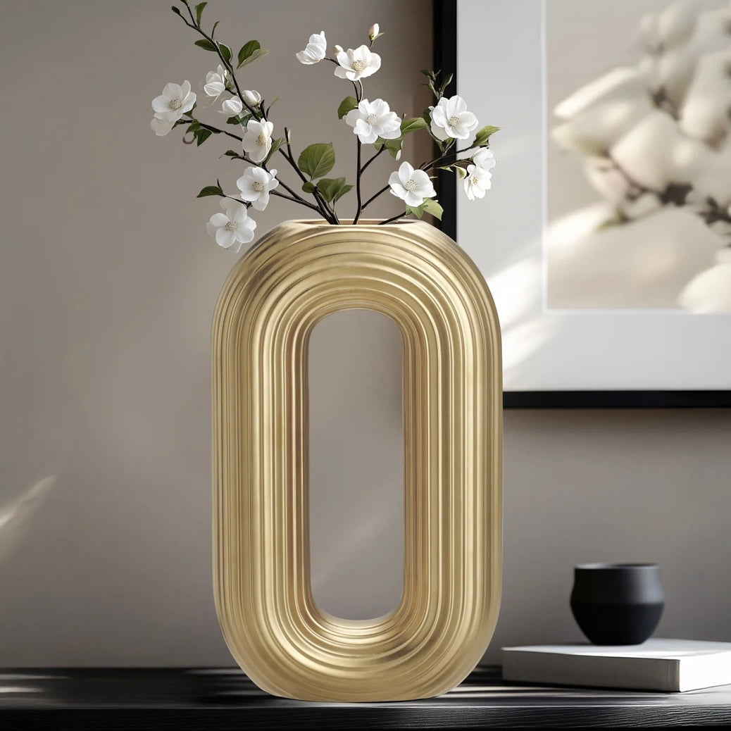 Ceramic Matte Gold 13h" Oval Ring Vase