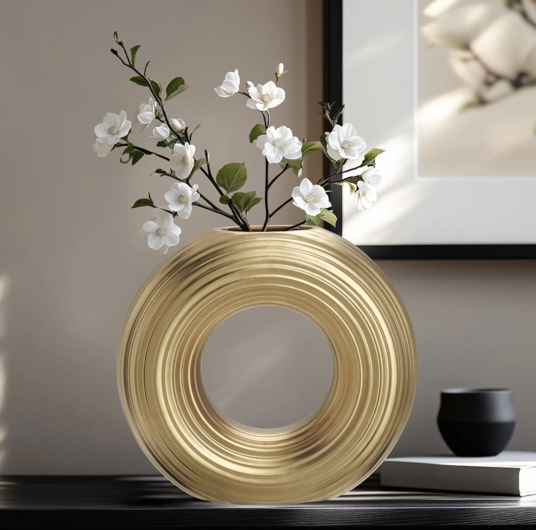 Ceramic Matte Gold 9h" Round Ring Vase