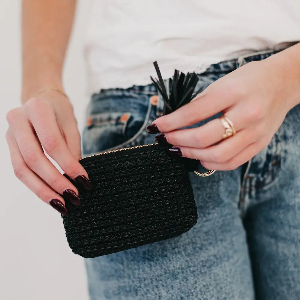 Raffia clippable card holder wallet - black