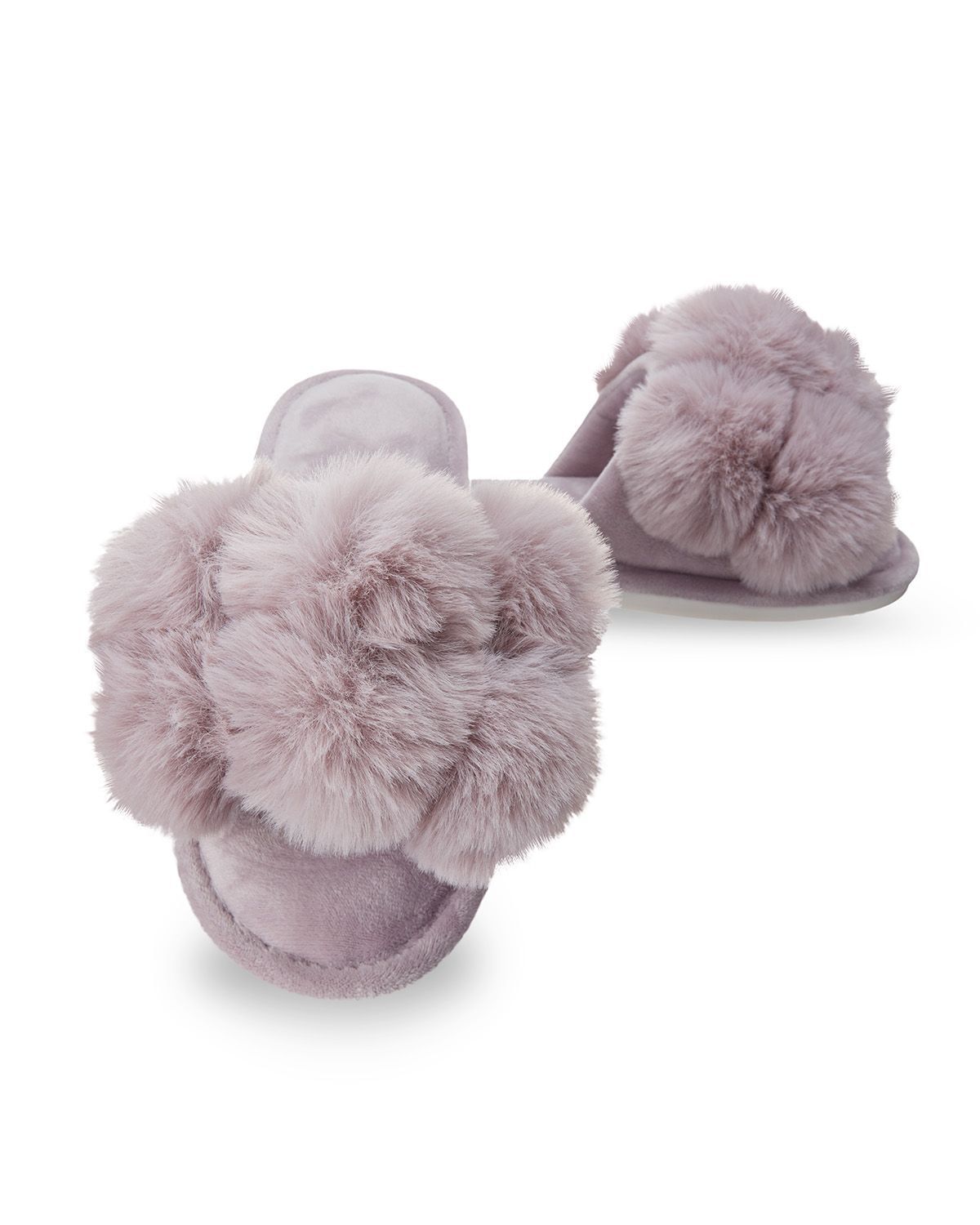 Luxe Pom Pom Open Toe Plush Slippers | Mauve