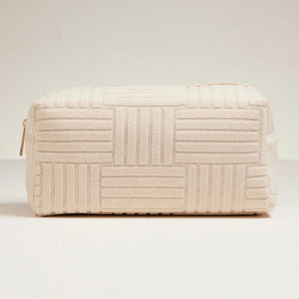 Grid pattern cosmetic pouch bag -large, beige