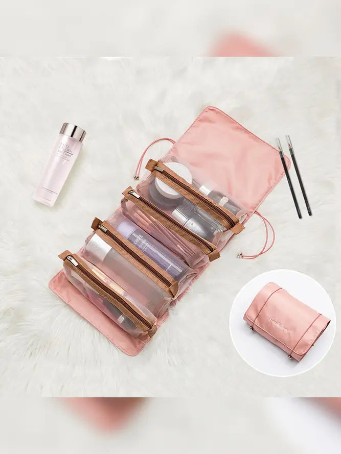 Trousse de maquillage transparente pliable - Rose