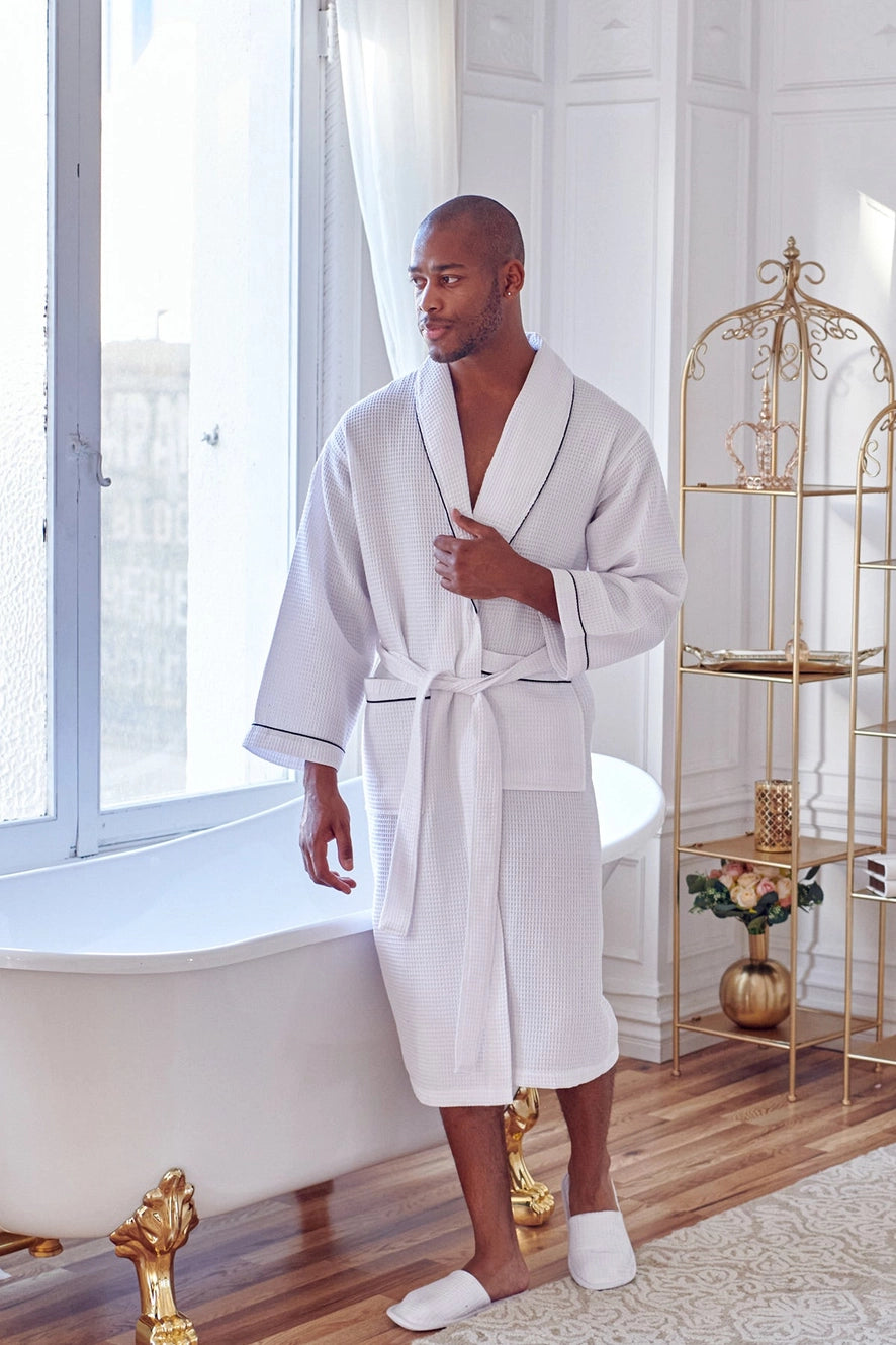 Personalized Men’s waffle piping robe and slipper set - white