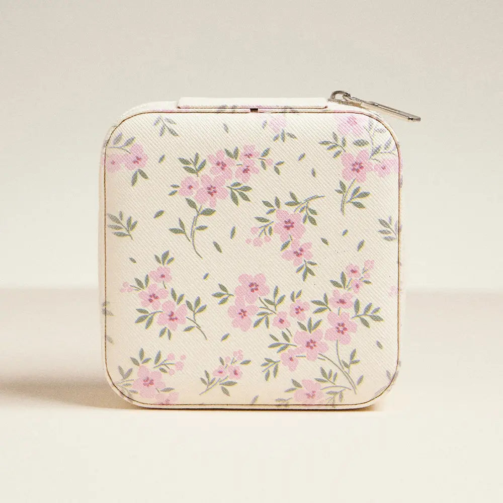Pink flowers portable square jewelry box