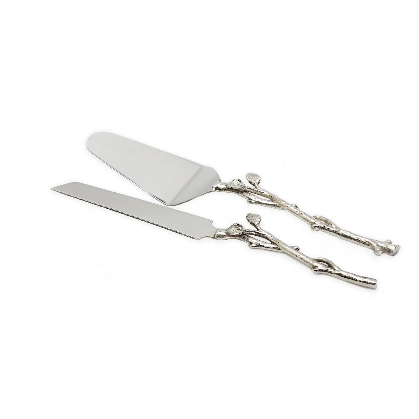 cake server and knife set with silver leaf motif