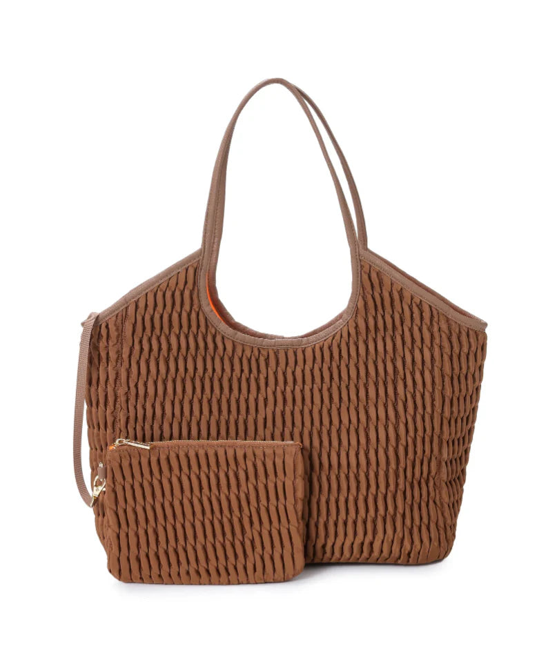Nylon puckered tote- Walnut