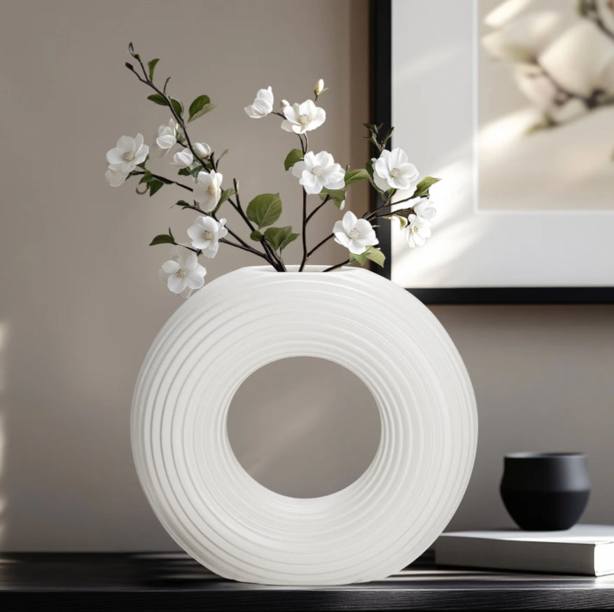 Ceramic Matte White 9h" Round Ring Vase