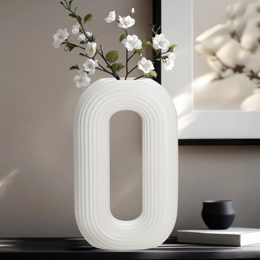 Ceramic Matte White 13h" Oval Ring Vase