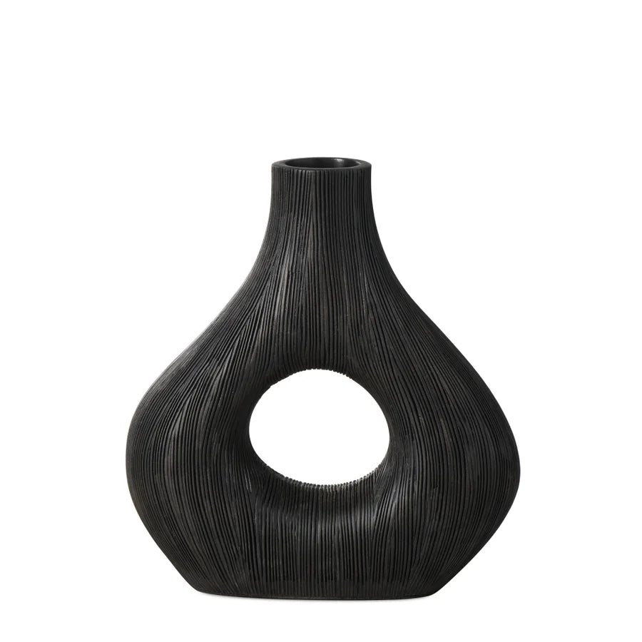 Etched Patina 9h" Wide Donut Resin Vase - Black
