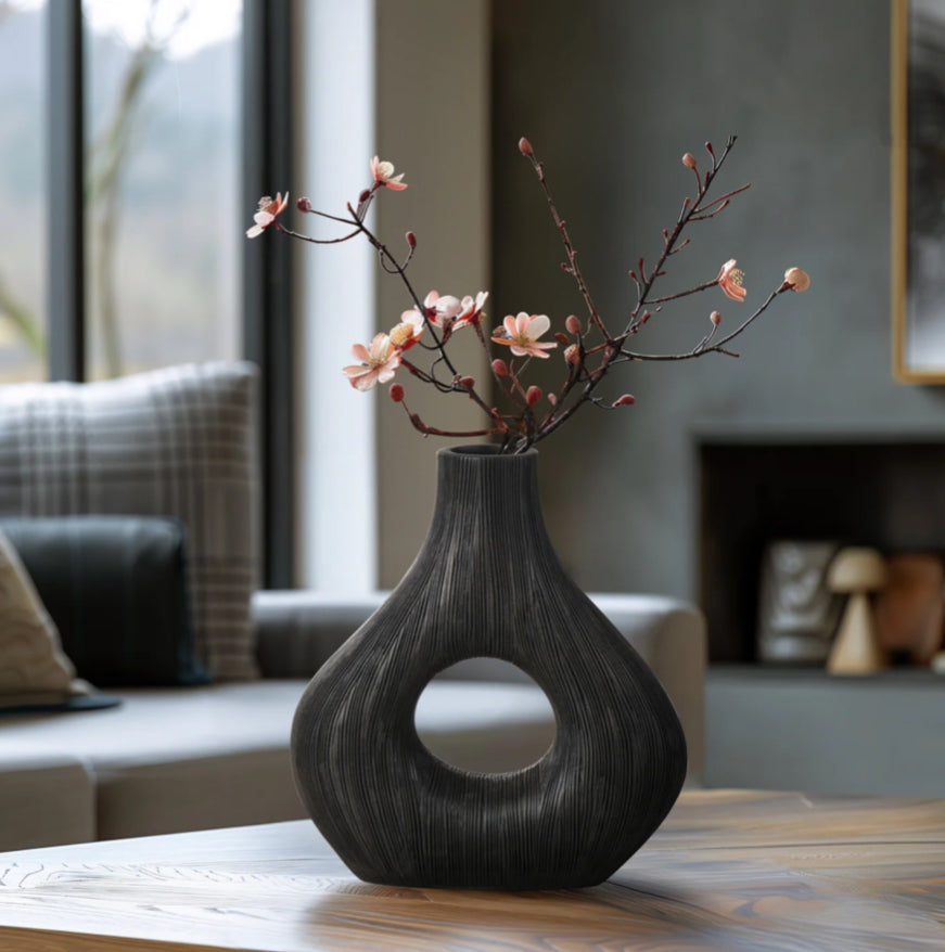 Etched Patina 9h" Wide Donut Resin Vase - Black