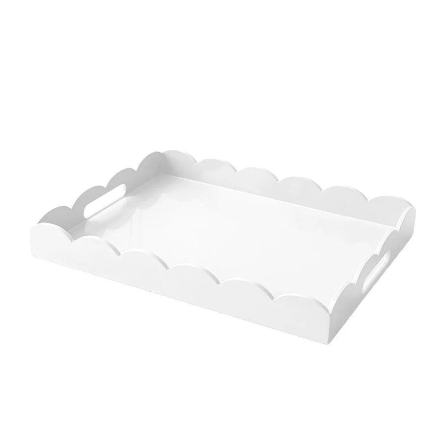 Scalloped Edge Rectangle Lacquered Wood Serving Tray - white