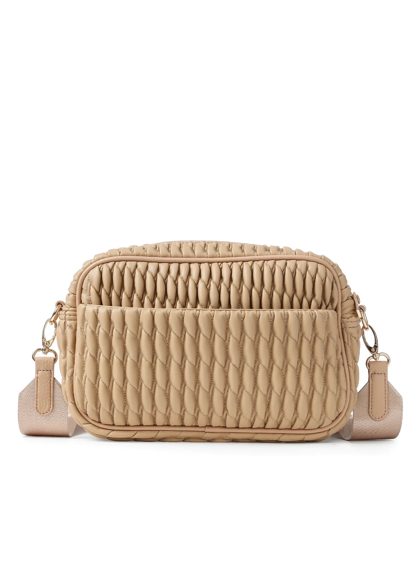 vegan puckered leather camera bag- biscuit