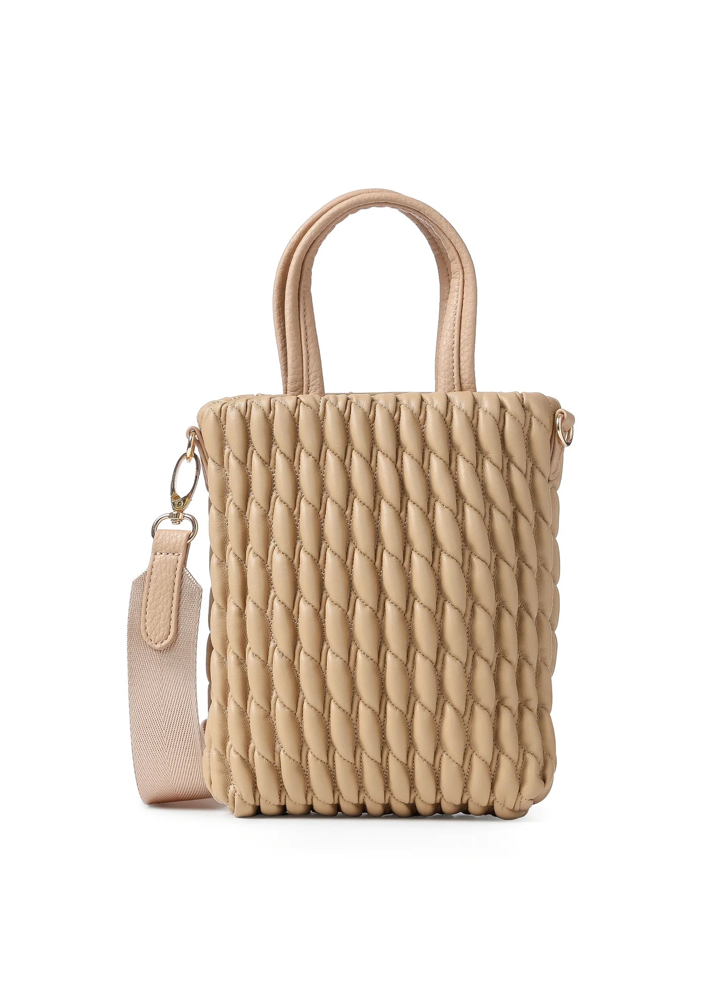 vegan puckered leather phone tote- biscuit