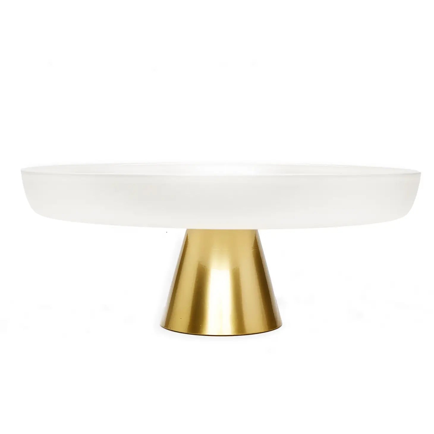 White Glass Cake Plate On Gold Stem