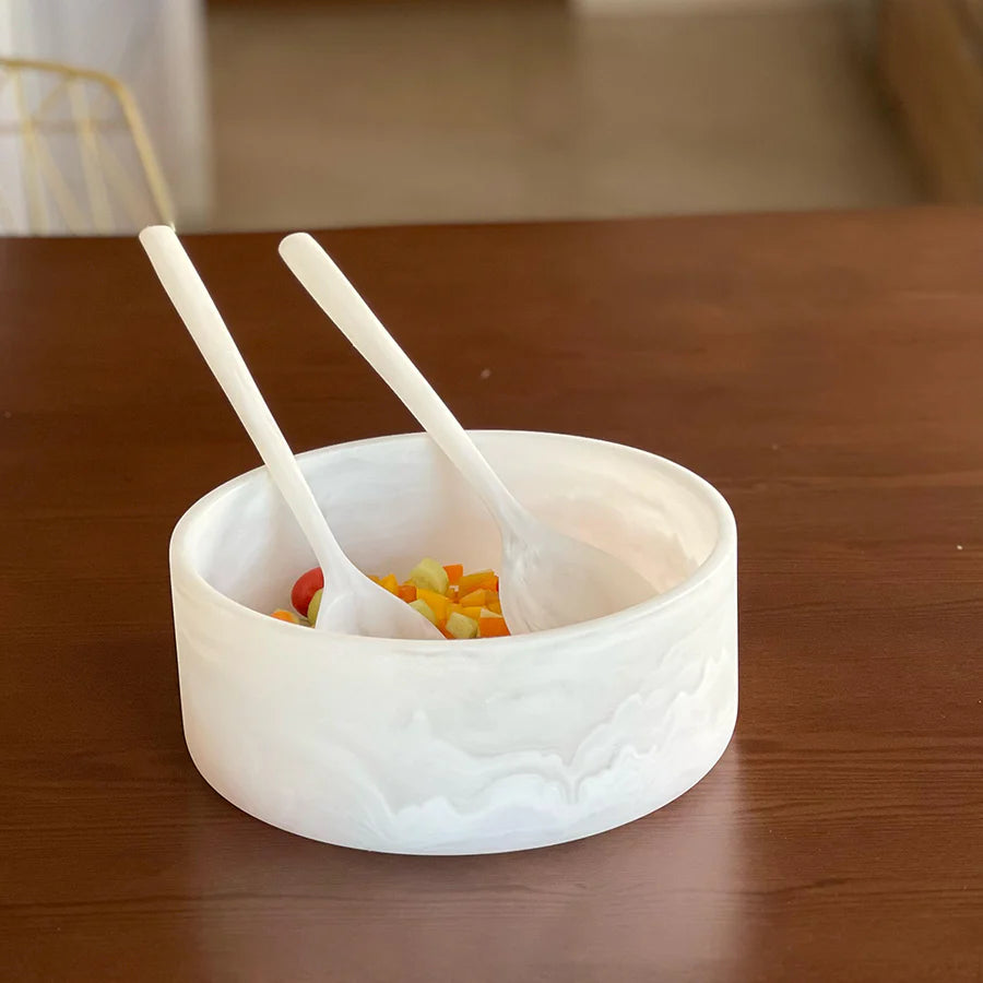 Resin white swirl salad bowl and servers set
