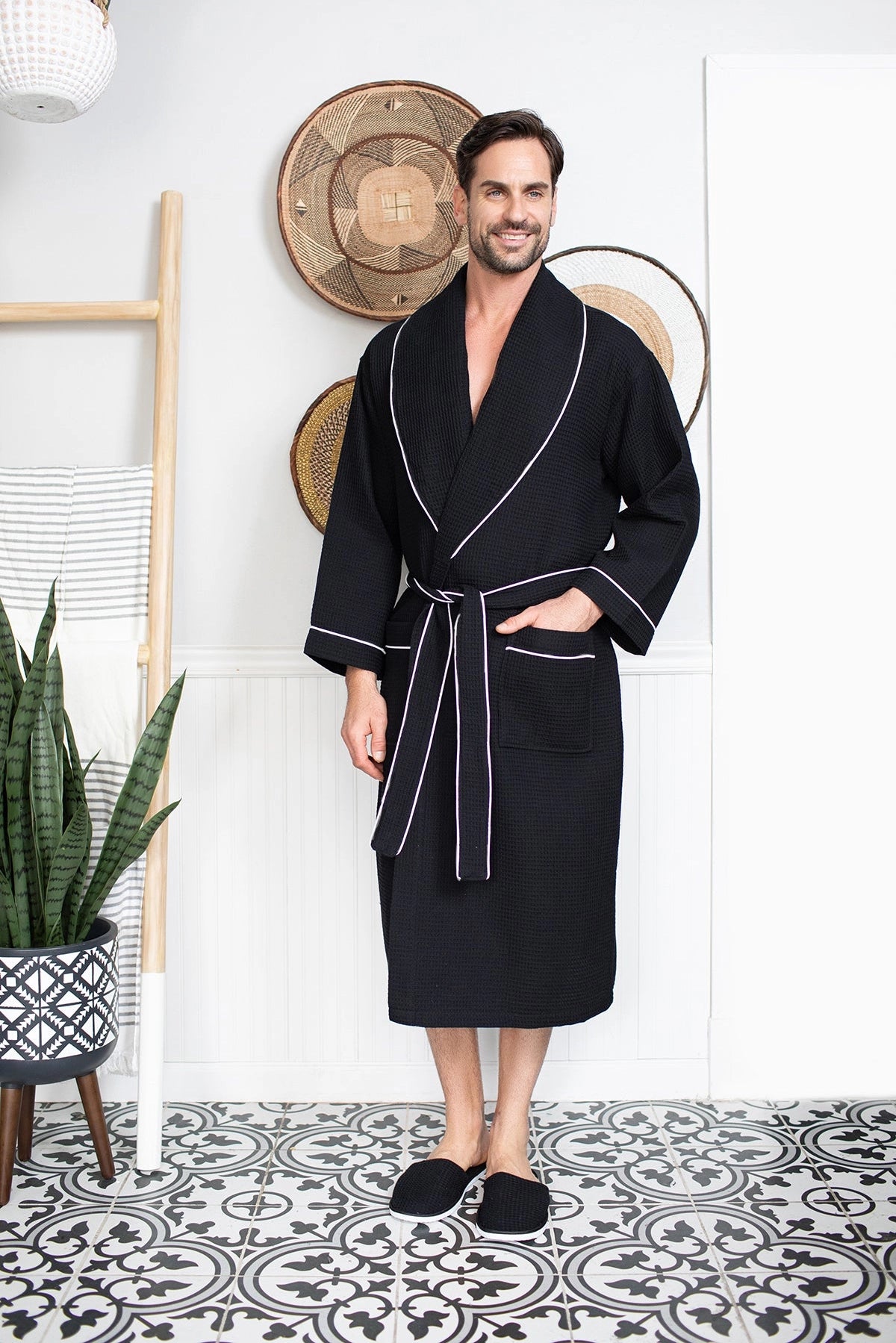 Personalized Men’s waffle piping robe and slipper set - black