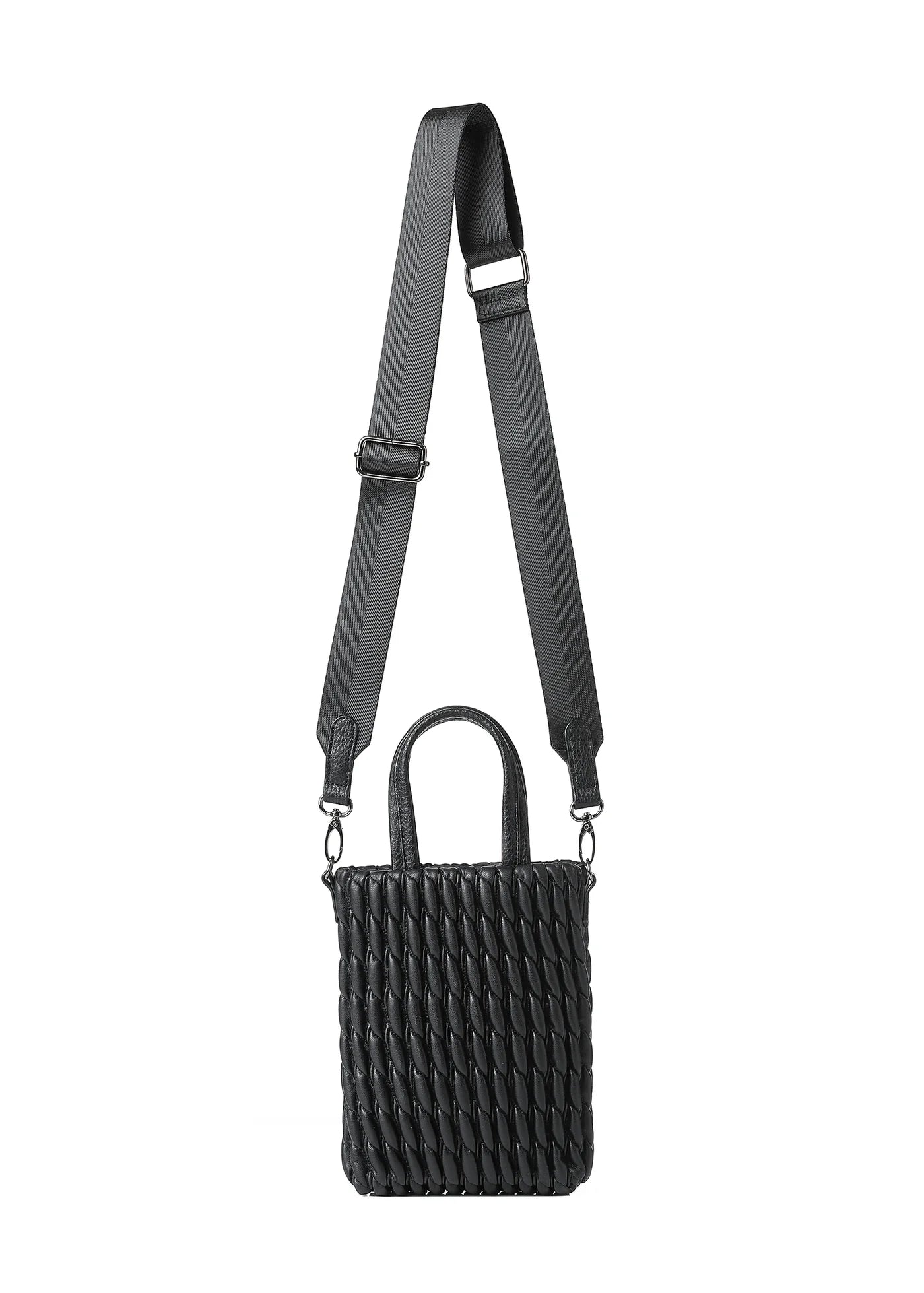 vegan puckered leather phone tote- black