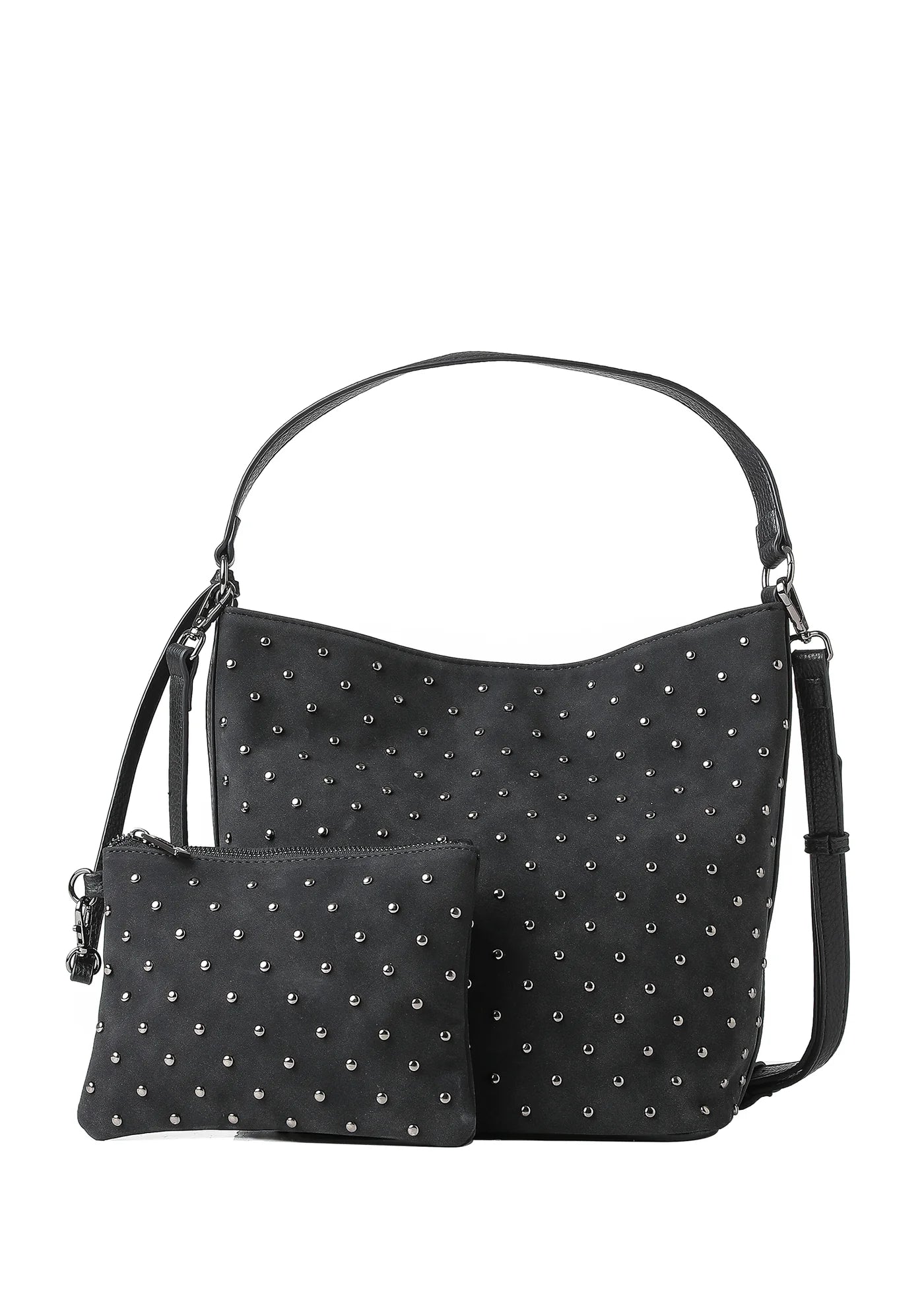 vegan suede studded shoulder bag