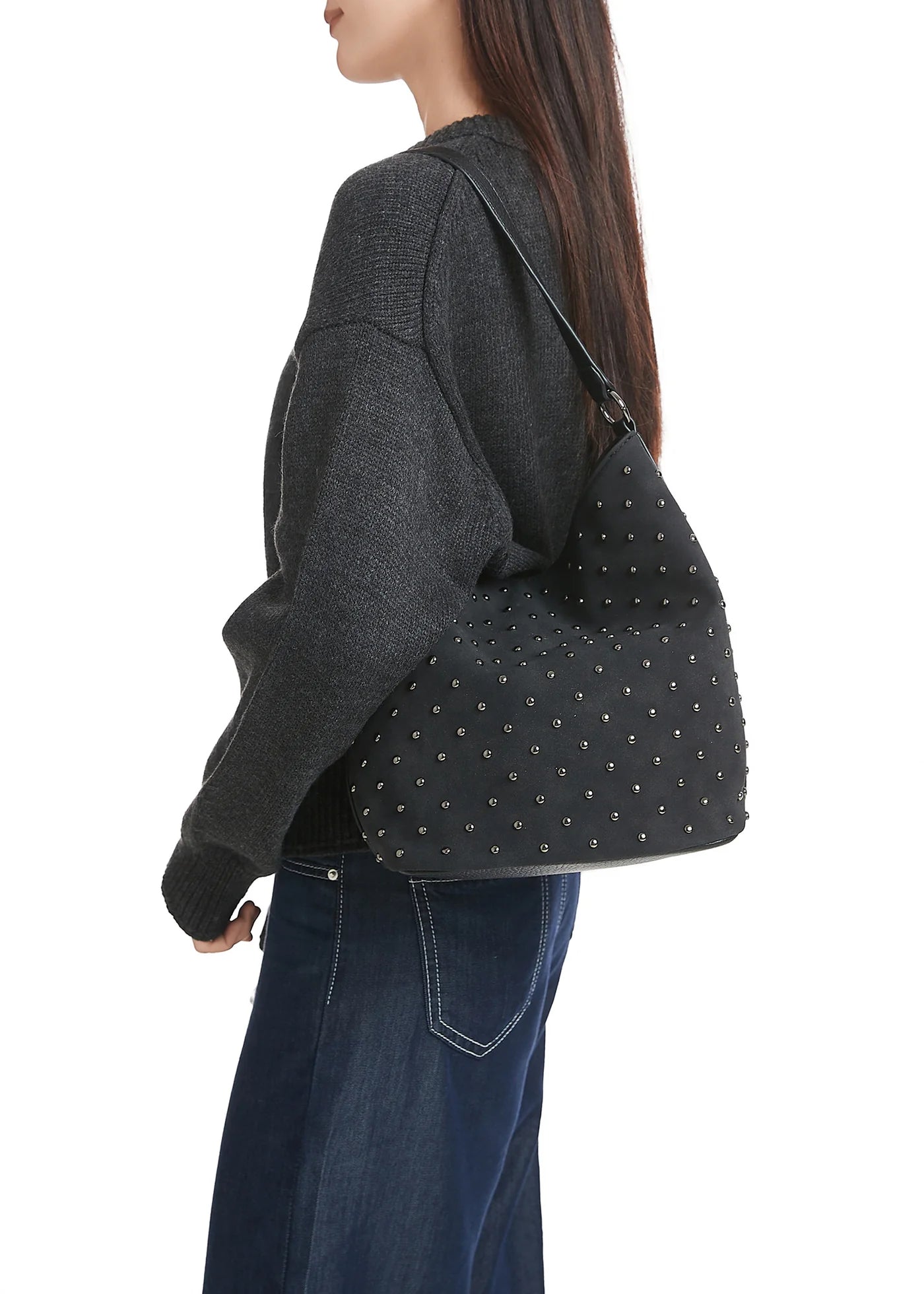 vegan suede studded shoulder bag