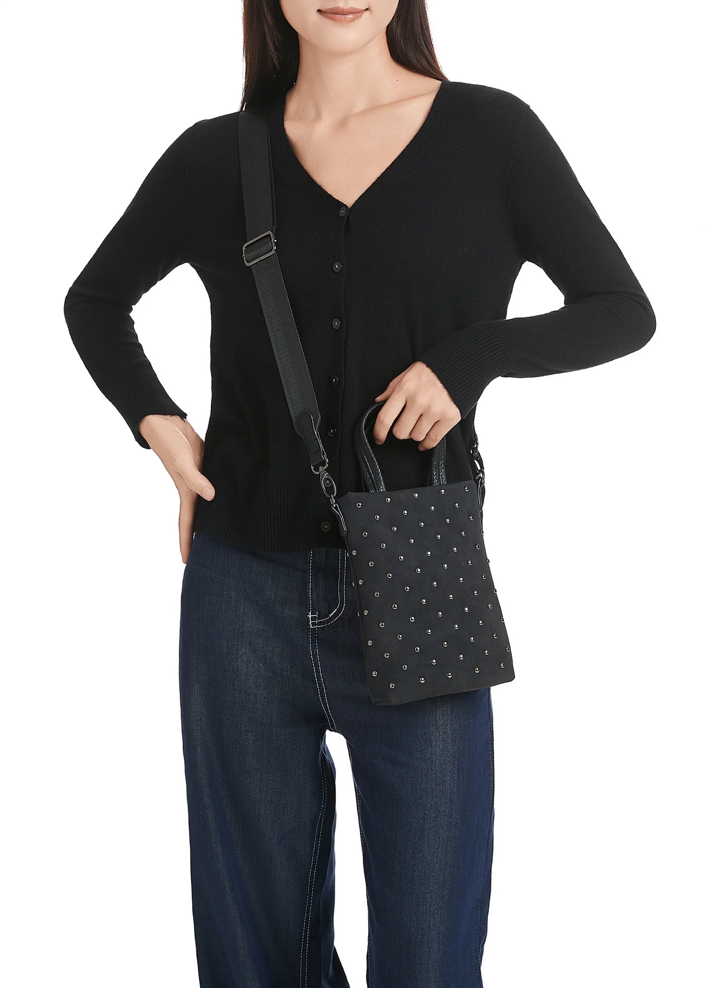 vegan suede studded phone tote