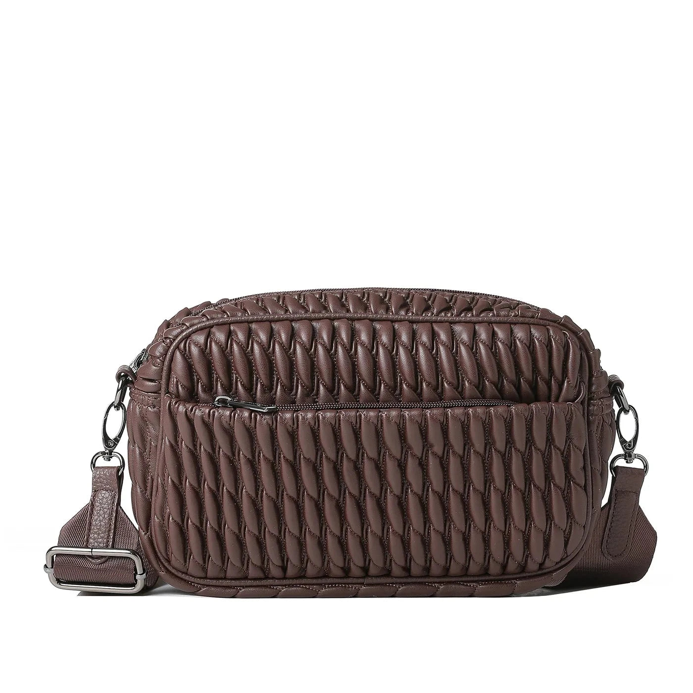 vegan puckered leather camera bag- chocolate