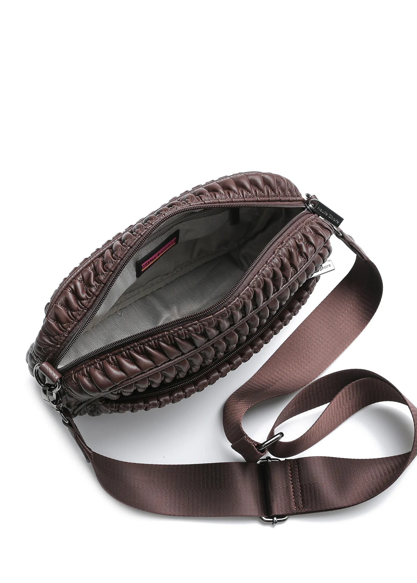 vegan puckered leather camera bag- chocolate