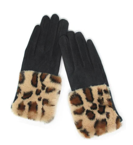 Leopard print faux fur trim gloves