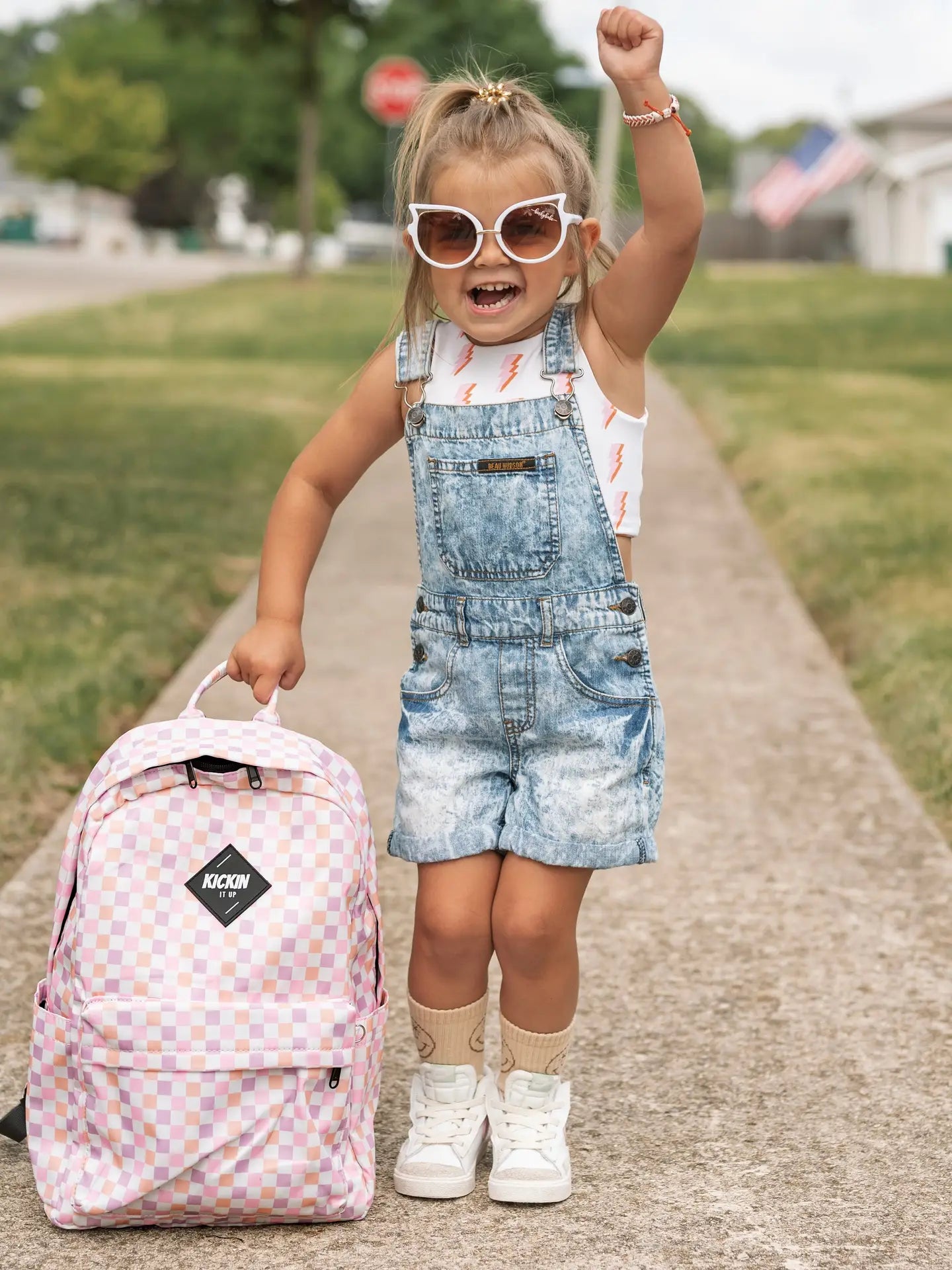 Pink checkered backpack best sale