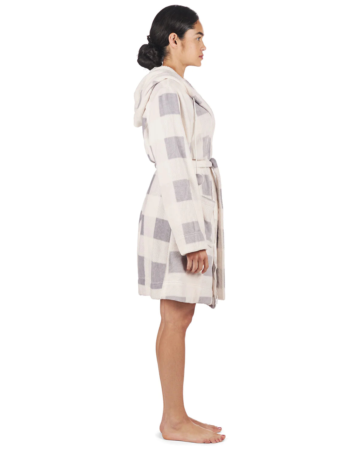 Plush Hooded Pom Pom Robe | Plaid Grey