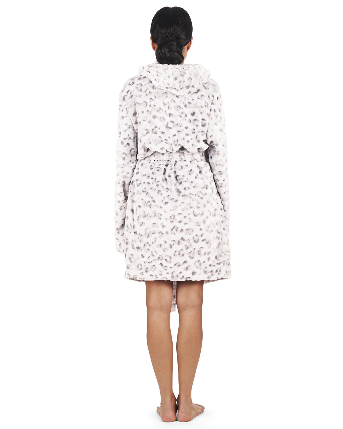Peignoir à capuche en peluche avec pompons | Gris léopard