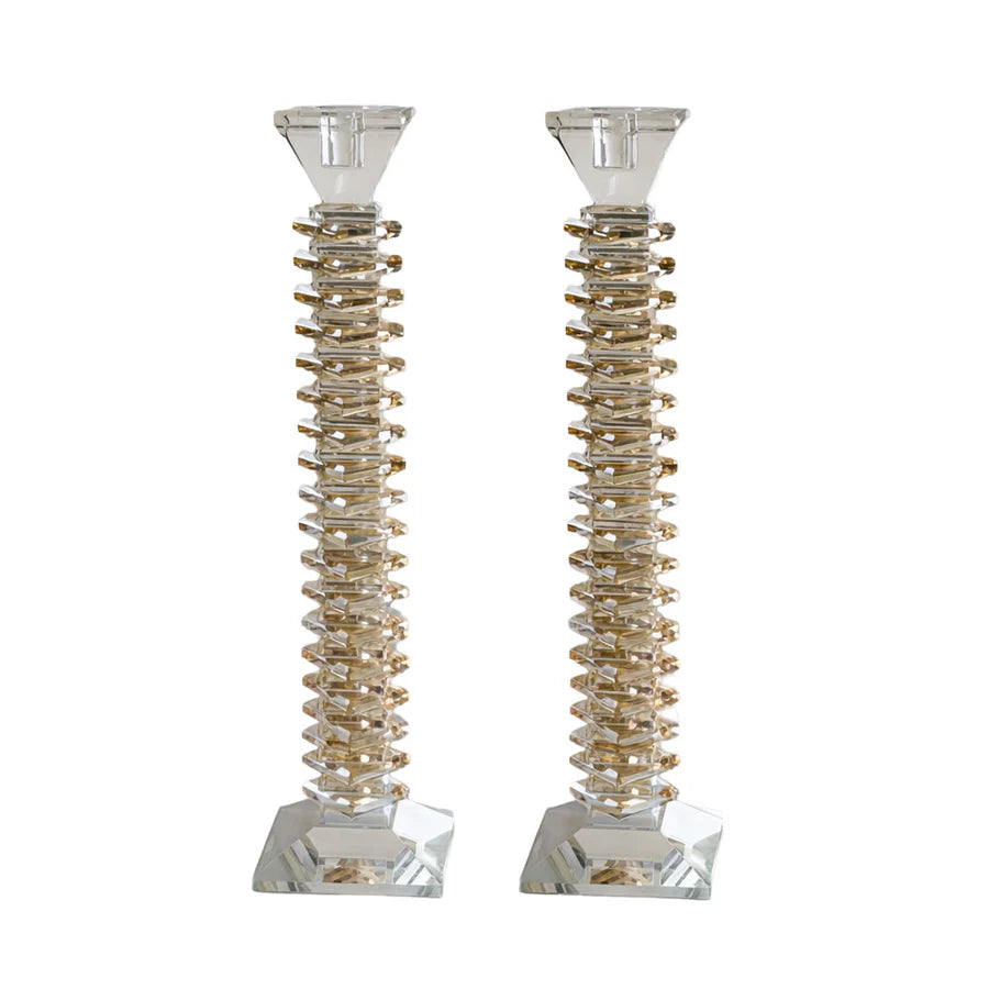 Amber Stacked Crystal Candlesticks Set