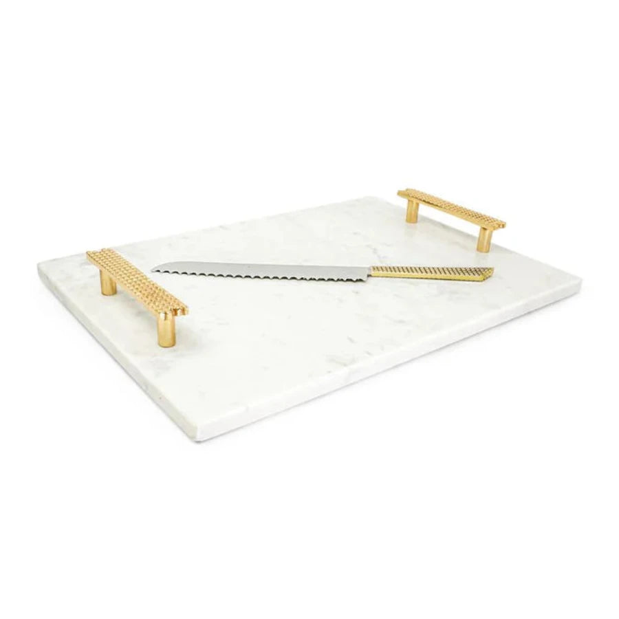 Marble Challah Board with Beaded Handles and Knife - gold