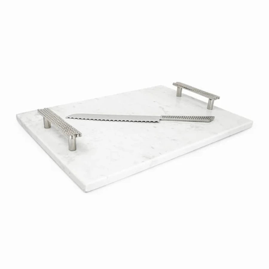 Marble Challah Board with Beaded Handles and Knife - silver