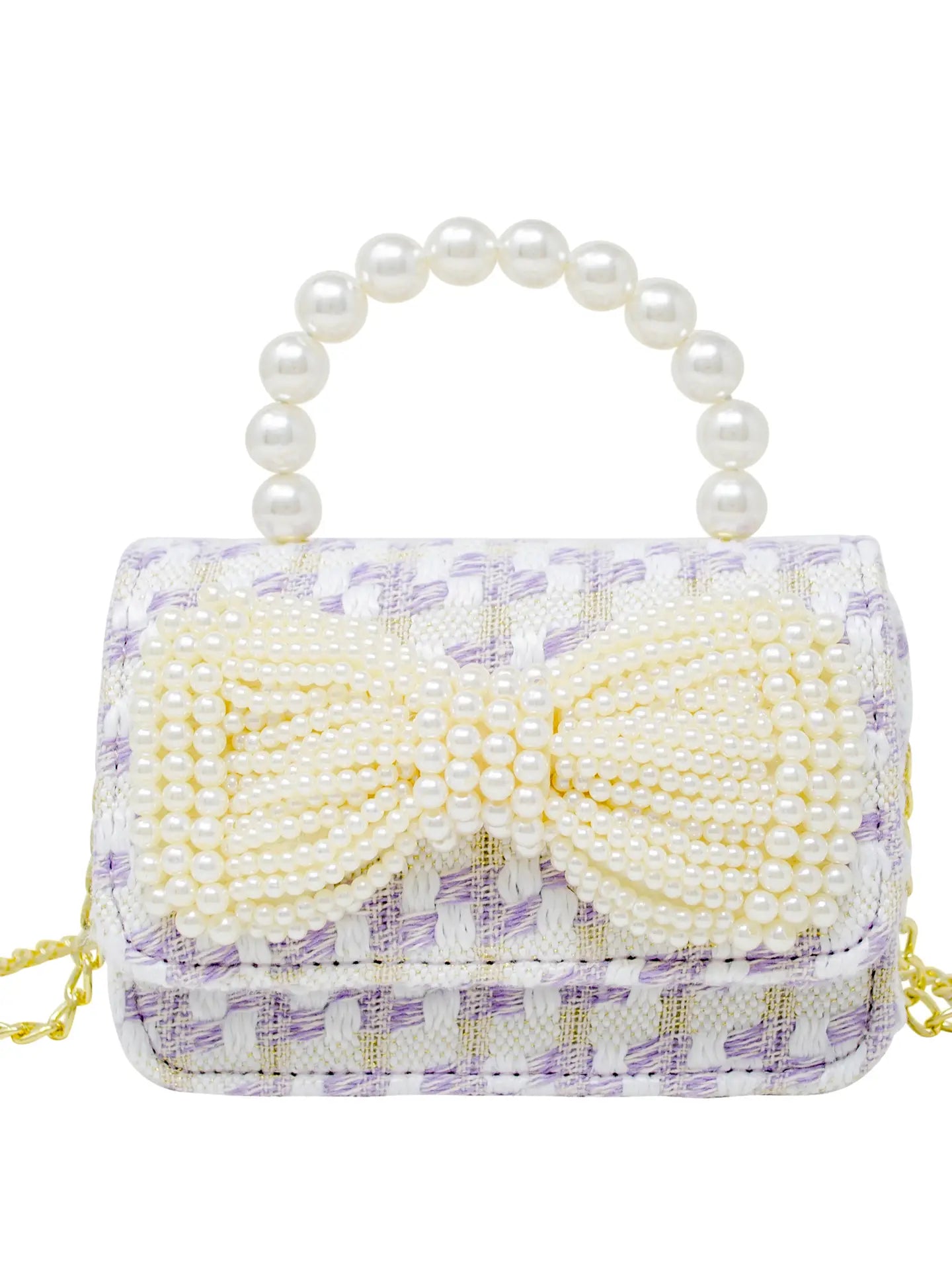 Sac à main en tweed violet avec poignée en perles et nœud