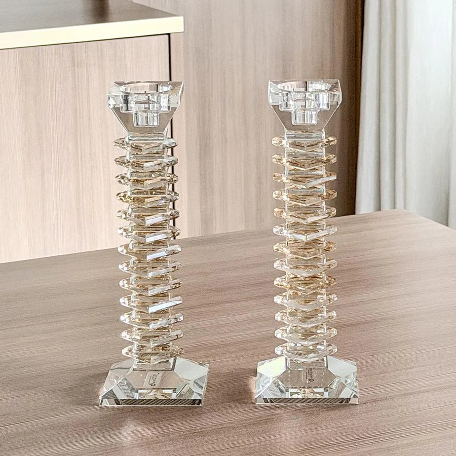 Stacked Crystal Candlesticks Set - Amber