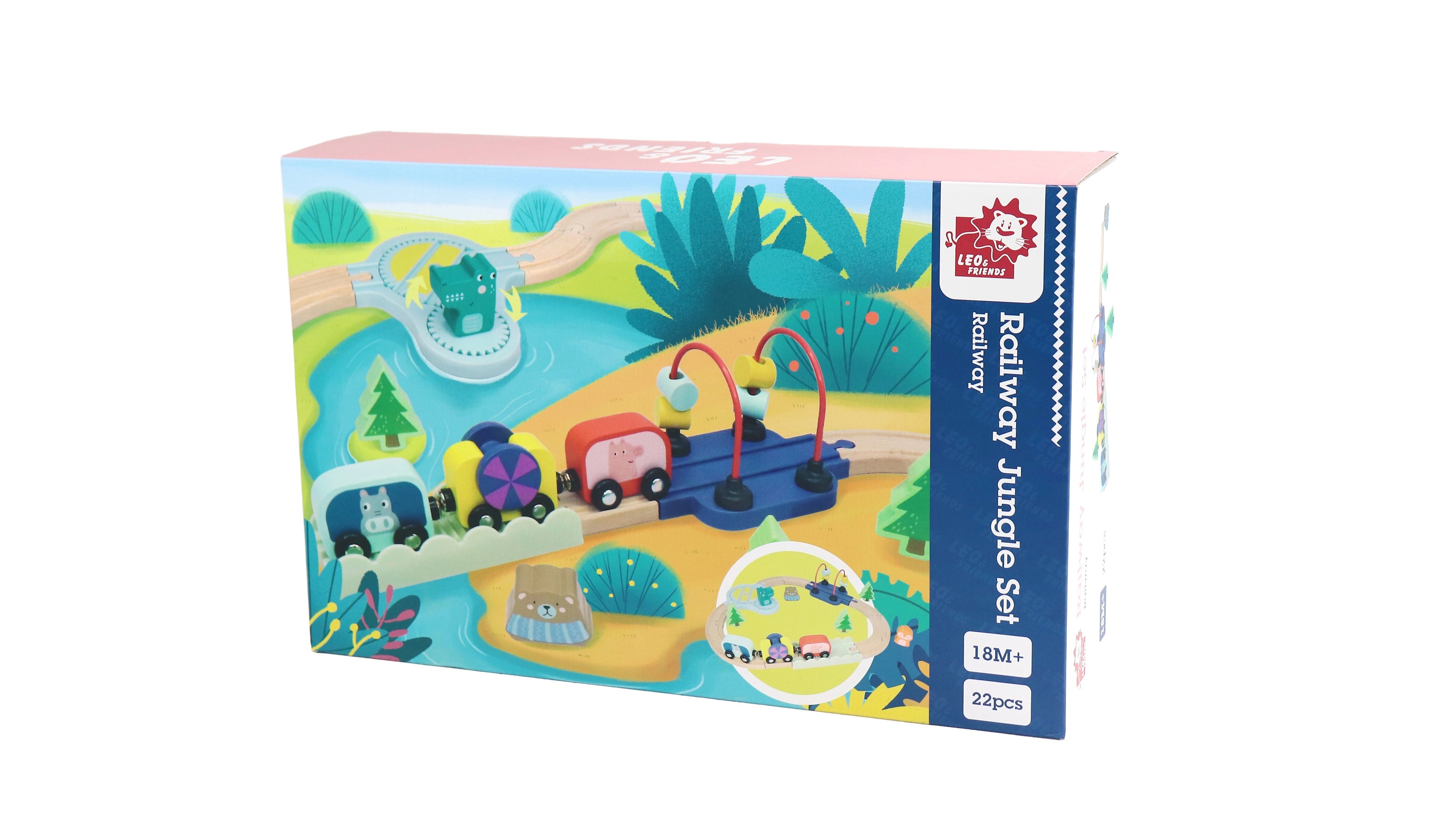 Ensemble de chemin de fer en bois Jungle 22 pièces avec animaux, wagons de train magnétiques et puzzle ferroviaire