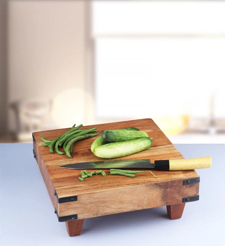 Acacia Wood Pedestal Butcher Block w/ Iron Accents