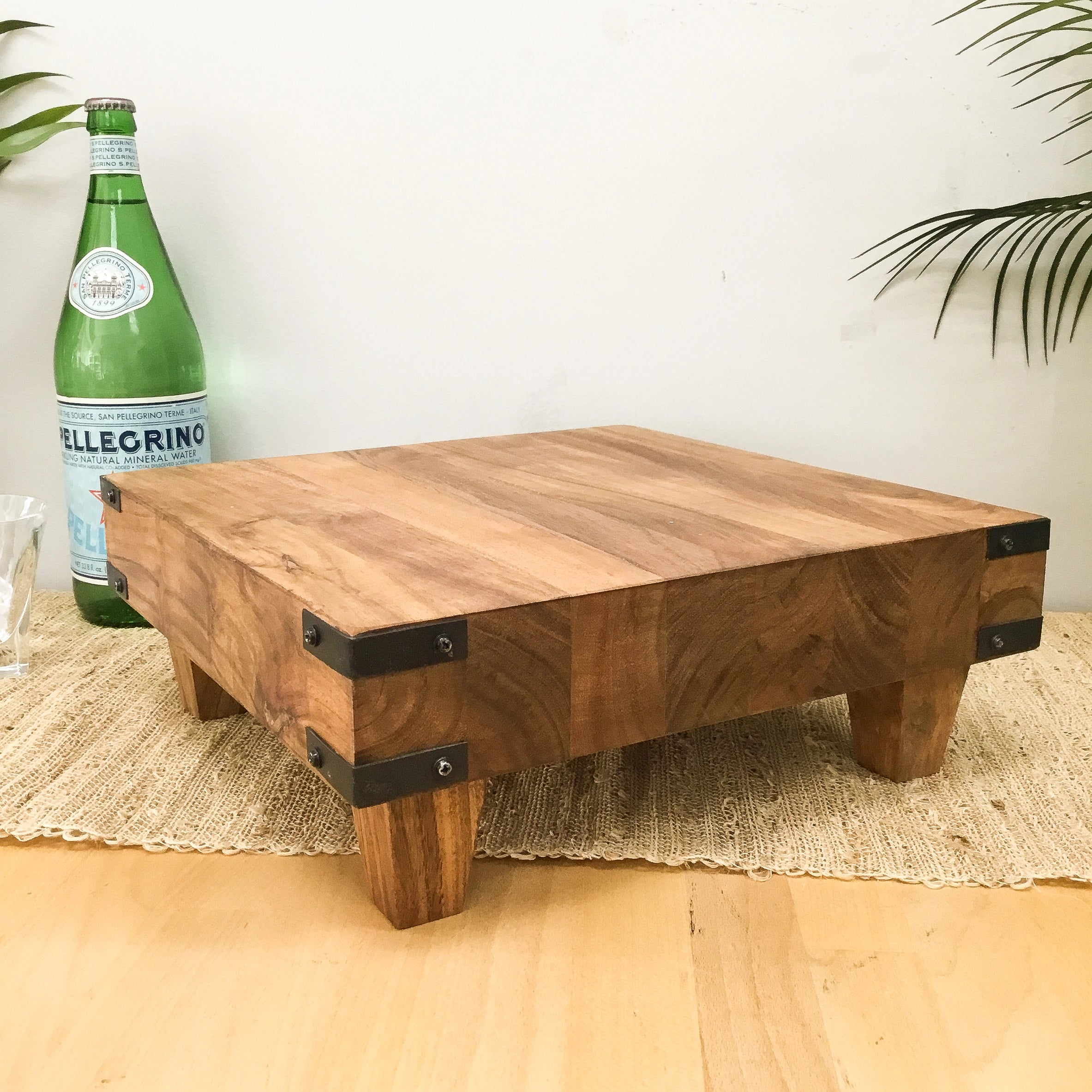 Acacia Wood Pedestal Butcher Block w/ Iron Accents